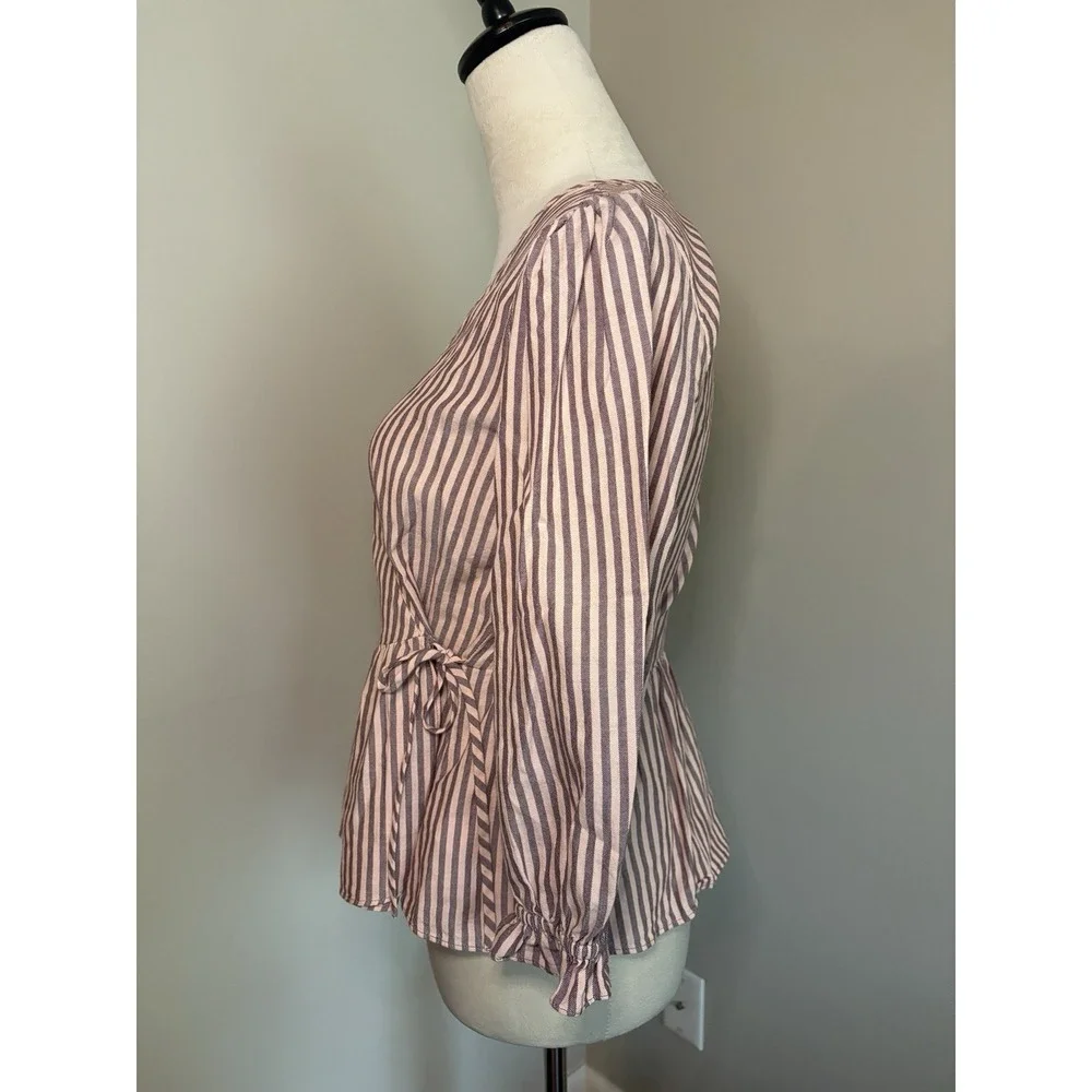 Madewell Pink Stripe Wrap Blouse Sweet Tulip Top 3/4 Puff Sleeve Tie Waist XS